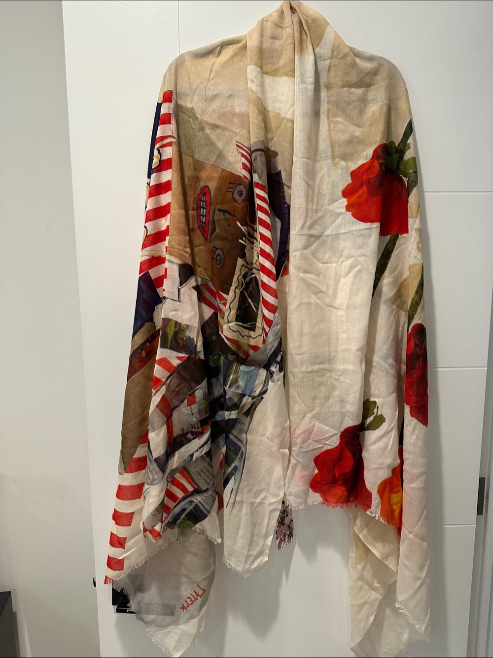 Floral & Stripe Lightweight Women's Wrap Scarf - Cream with Red Accents